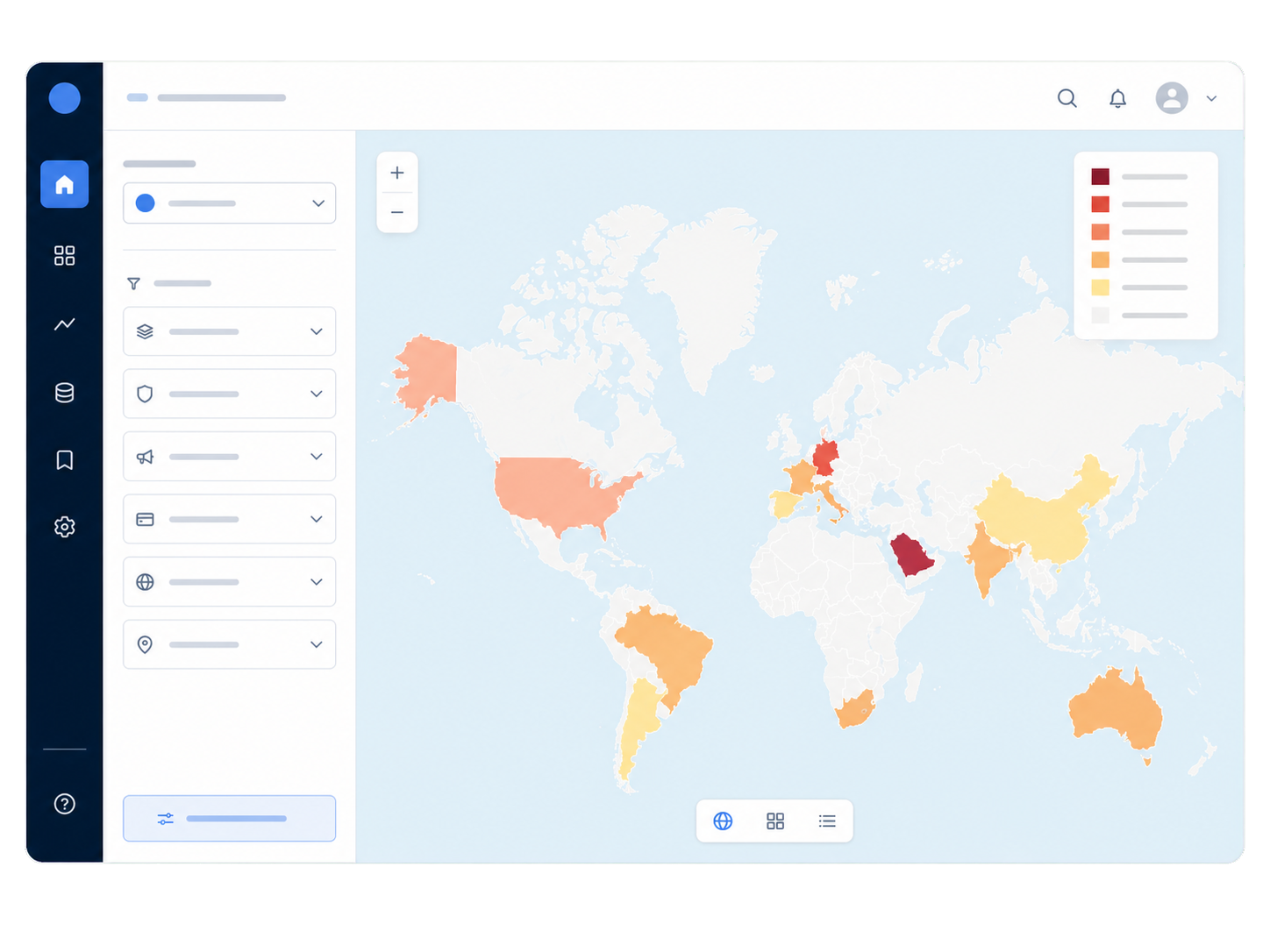 Application générique de market access avec carte internationale et filtres.
